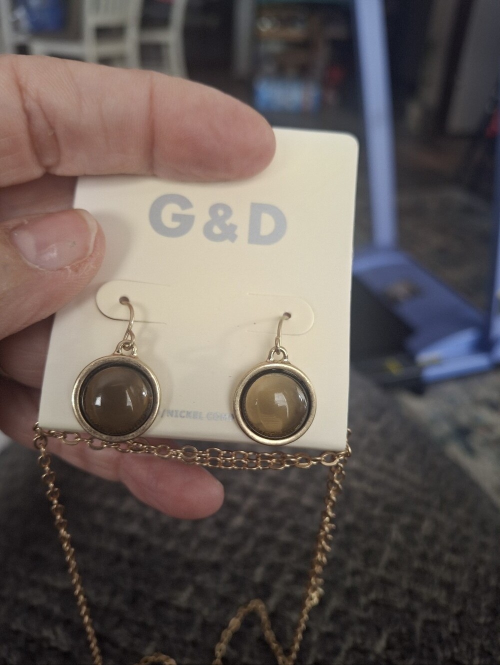 Realtors Jewelry.....Gold-Tone Brown Cabochon Drop Earrings And Necklace.